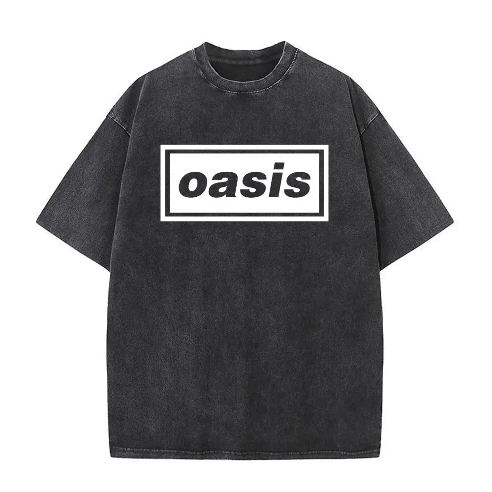 O-Oasis T-Shirts British Rock Band Vintage Washed T-shirt Men Women Clothing Cotton Casual Short Sleeve T Shirts Tops Streetwear