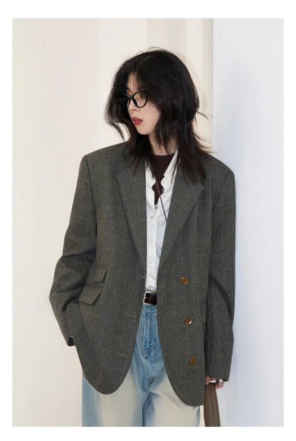 Women's Woolen Blazer Loose Retro Single Breasted Female Jacket Mid Length Plaid Coat for Woman Autumn Winter 2024