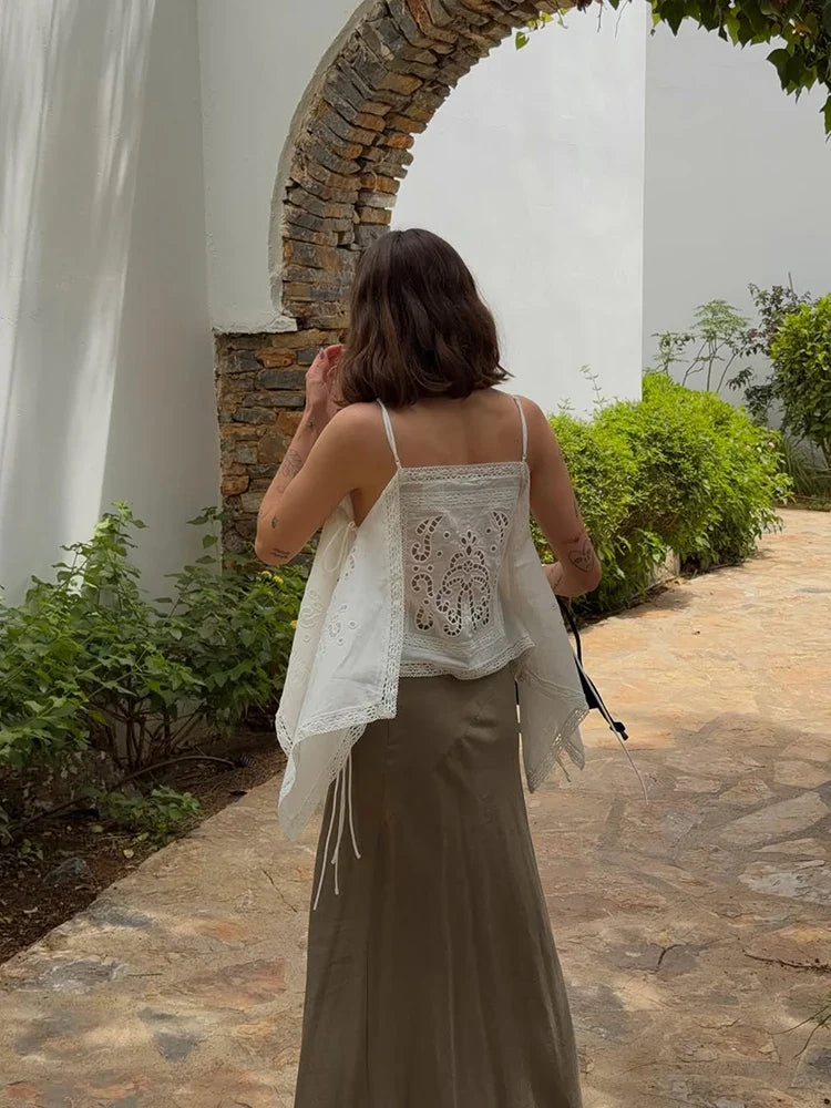 Thin Strap Square Neck Hollow Embroidery Women Cami Top Back Self Tie String Irregular Asymmetrical Lace Hem Loose Cropped Tank