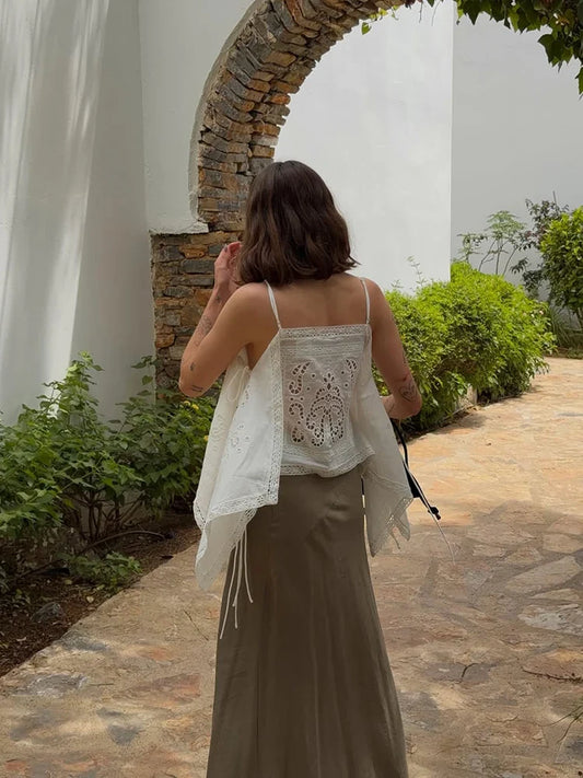 Thin Strap Square Neck Hollow Embroidery Women Cami Top Back Self Tie String Irregular Asymmetrical Lace Hem Loose Cropped Tank