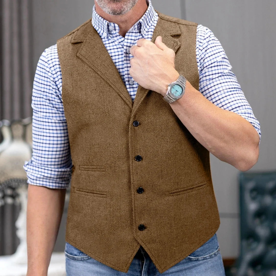 Men Vest Brown Herringbone Single Button With Lapel Waistcoat For Wedding Party Banquet Prom Business Work Casual Daily Men Vest