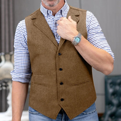Men Vest Brown Herringbone Single Button With Lapel Waistcoat For Wedding Party Banquet Prom Business Work Casual Daily Men Vest
