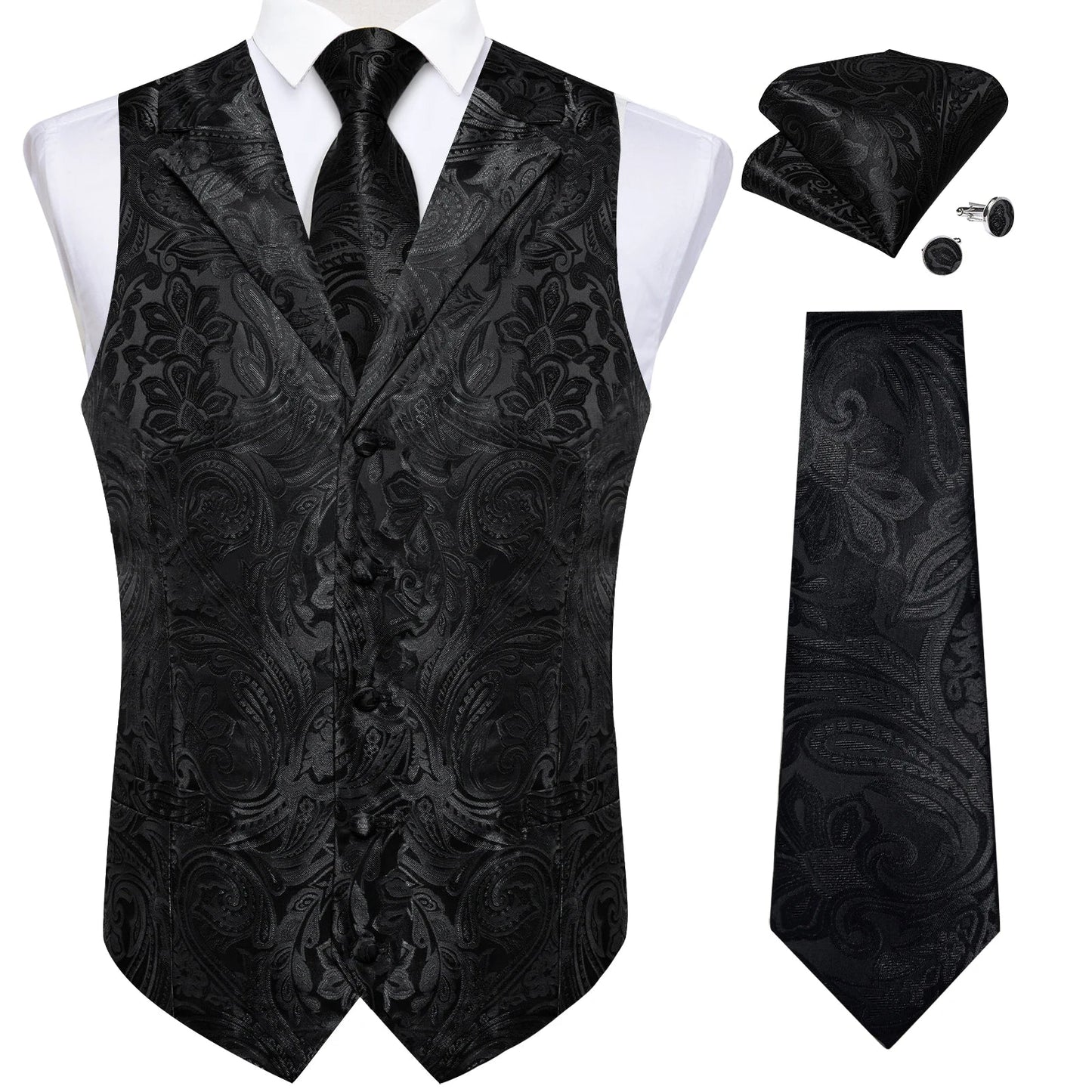 Men's Suit Vest Neck Tie Set Black Paisley Waistcoat for Wedding Party Tuxedo Suits Luxury Sleeveless Jacket DiBanGu