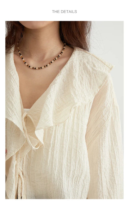 Women Shirt Loose Casual Ruffled Edges Female Blouses Solid V Neck Lace Up Mid Length Ladies Shirts Spring Summer 2026