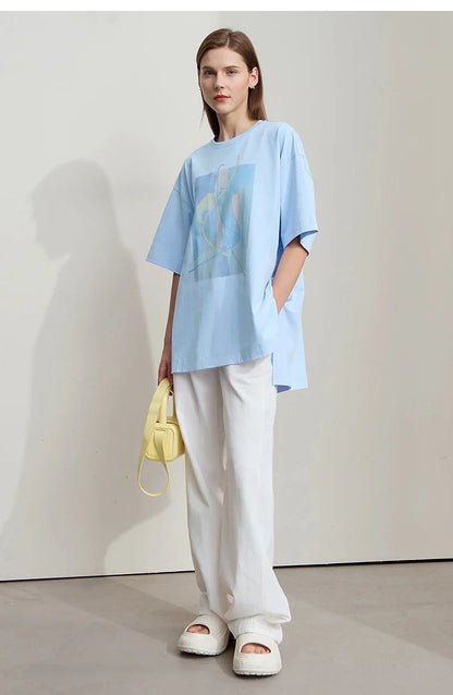 Minimalist Summer T-shirt Women Irregular Design Tops Casual O-neck Abstract Print Loose Dropped Shoulder T-shirt 12522081