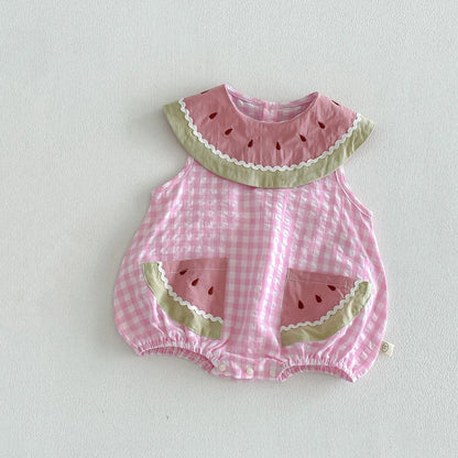 2026 New Summer Sweet Style Kids Dress Pink Watermelon Plaid Dress for Girls Sleeveless Lightweight Children Clothes