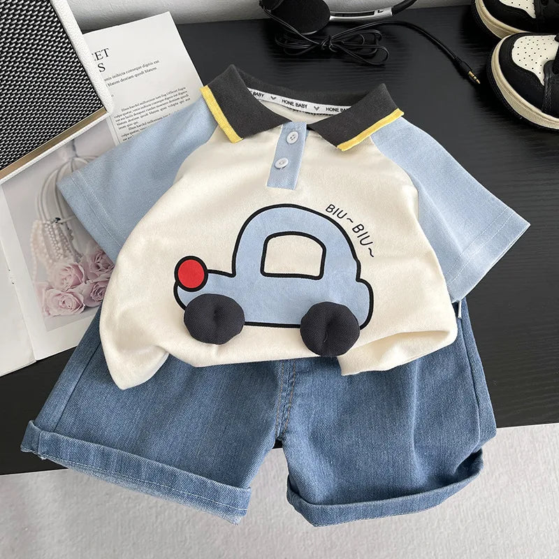 New Baby Boys Clothes Suits Summer Children 3D Cartoon Car Polo Shirt+ Denim Shorts 2Pcs/Set Infant Fashion Toddler Tracksuits