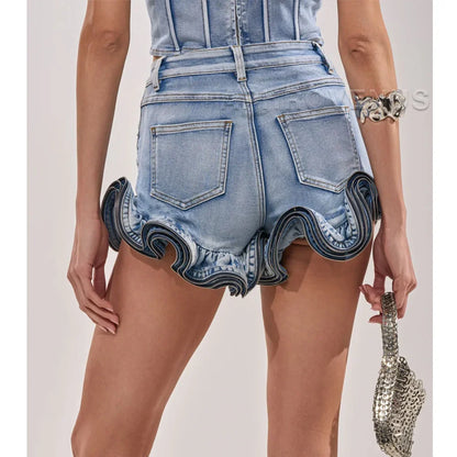 Wave Ruffle Hem Slim Denim Shorts Women Casual High Waist Slim Fit Ruffled Denim Shorts Fashion Slimming Streetwear