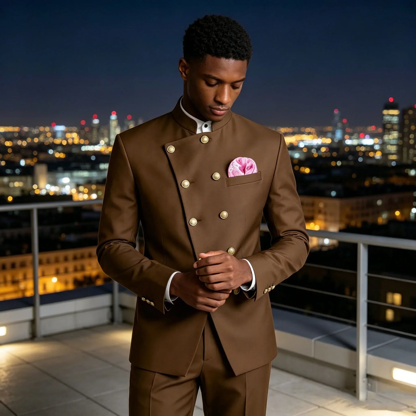 Men's Chinese Style Suit 2 Piece Brown Mandarin Collar Double Breasted With Gold Buttons Formal Jacket Pants For Business Weddin