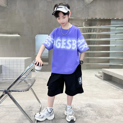 Hot Sale Teenager Boy Summer Tee Top and Bottom Clothes Set for Child Letter Print Cotton T-shirt + Shorts 2 Piece Clothing Suit