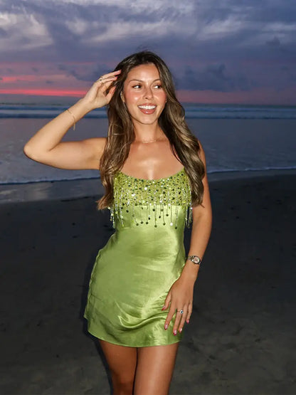 Trendy Sequin Fringe Mini Dress Sexy Spaghetti Strap Satin Slip Dresses Cocktail Party Club Vestidos 2026 New Y2k Women Clothing