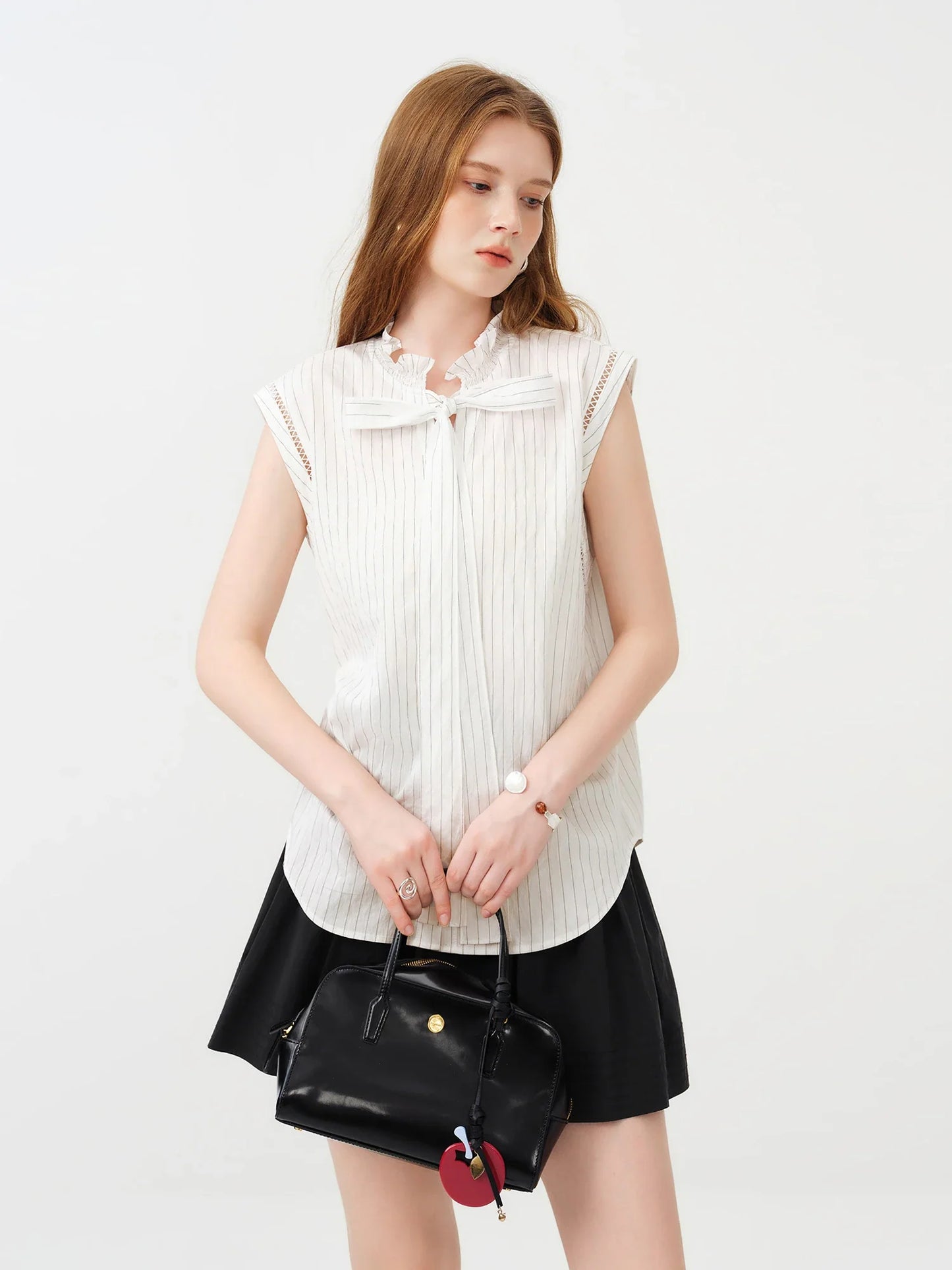 2026 Summer Women’s Striped Ruffle Tie-Neck Sleeveless Blouse, Breathable Office Top for Lightweight Elegant Office Style