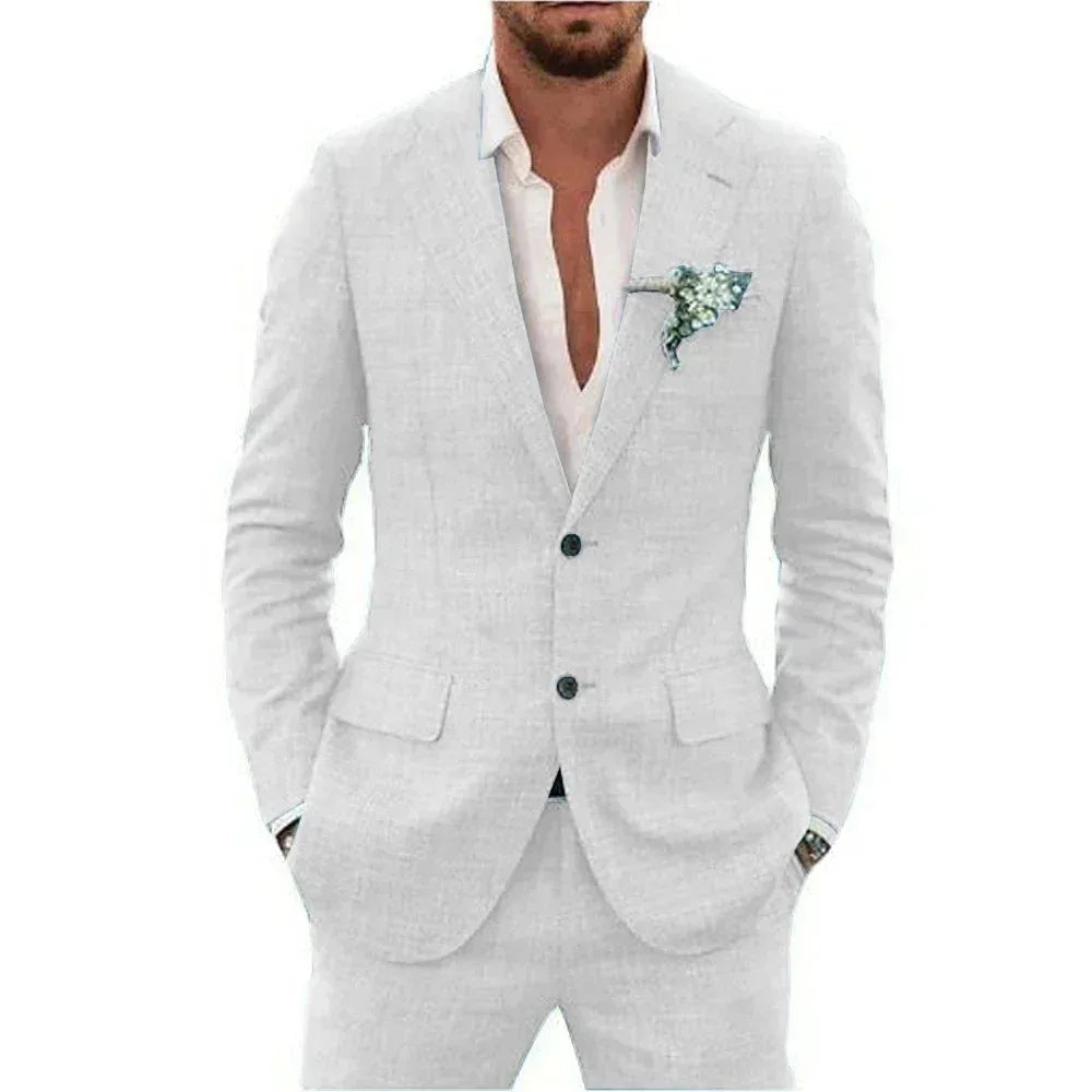 Light Grey 2 Pieces Linen Men's Suits With Pants Groom Tuxedos Summer Casual Style Groomsmen For Wedding Blazer Sets