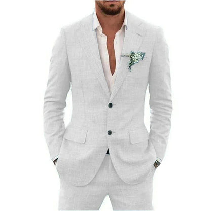 Light Grey 2 Pieces Linen Men's Suits With Pants Groom Tuxedos Summer Casual Style Groomsmen For Wedding Blazer Sets