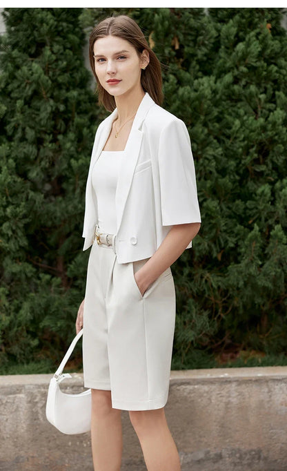 Minimalism Women's Jacket Casual Blazer 2024 Summer Shirts Office Lady Black Business Blazers Short Sleeve Tops 12322062