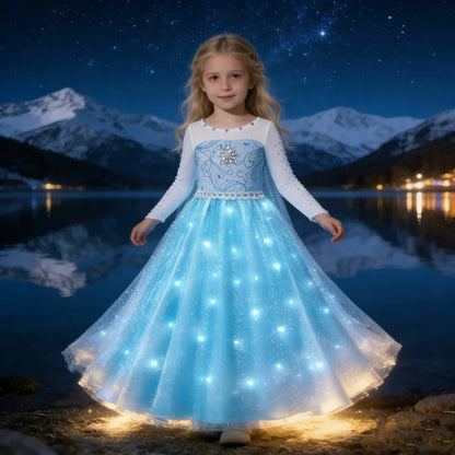 LED Girls Snow Kids Queen Costumes Girls Carnival Party Prom Gown Elsa Robe-Playing Children Princess Dress Birthday Dress