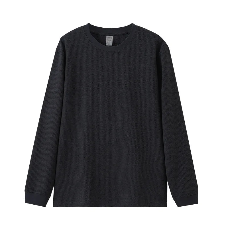 Autumn Lightweight Waffle Knit Base Layer Top  Men - Fashionable Loose Fit Versatile Long-Sleeved Round Neck T-Shirt/Sweatshirt