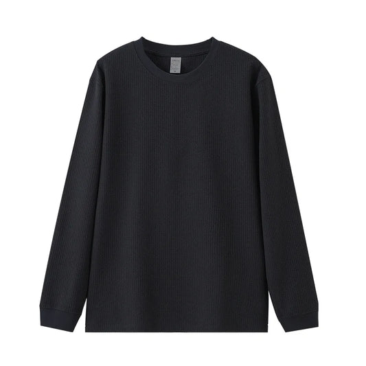 Autumn Lightweight Waffle Knit Base Layer Top  Men - Fashionable Loose Fit Versatile Long-Sleeved Round Neck T-Shirt/Sweatshirt