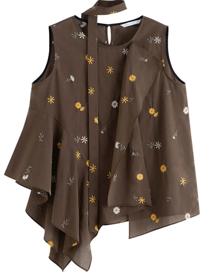 2026 Summer Women Asymmetrical Cut-out Tie-Neck Sleeveless Blouse Round Neck Top Soft Elegant Daily Layering Essential