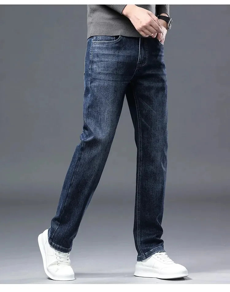 2026 Four Seasons Fashion Brand Straight Leg Jeans Men Business Casual Loose Stretch Long Pants Trousers