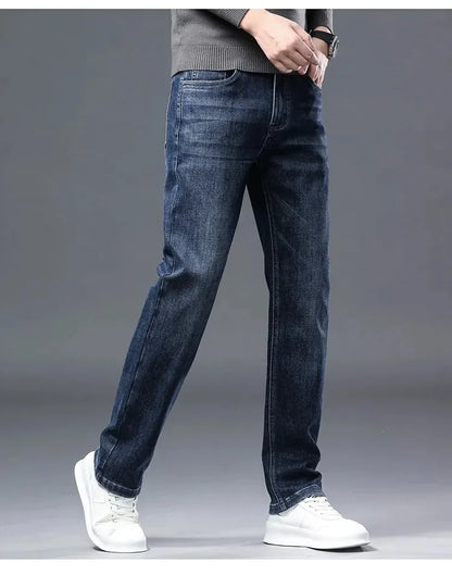 2026 Four Seasons Fashion Brand Straight Leg Jeans Men Business Casual Loose Stretch Long Pants Trousers