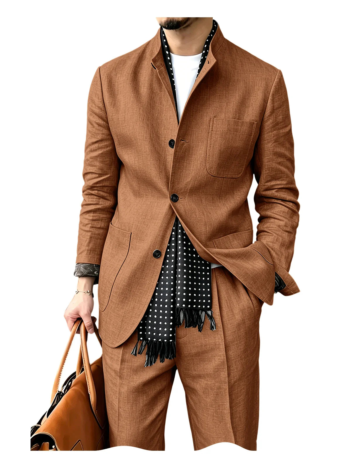 Men's Linen Blend 2 Piece Suit Set Stand Collar Breathable Casual Blazer Pants For Business Daily Wear