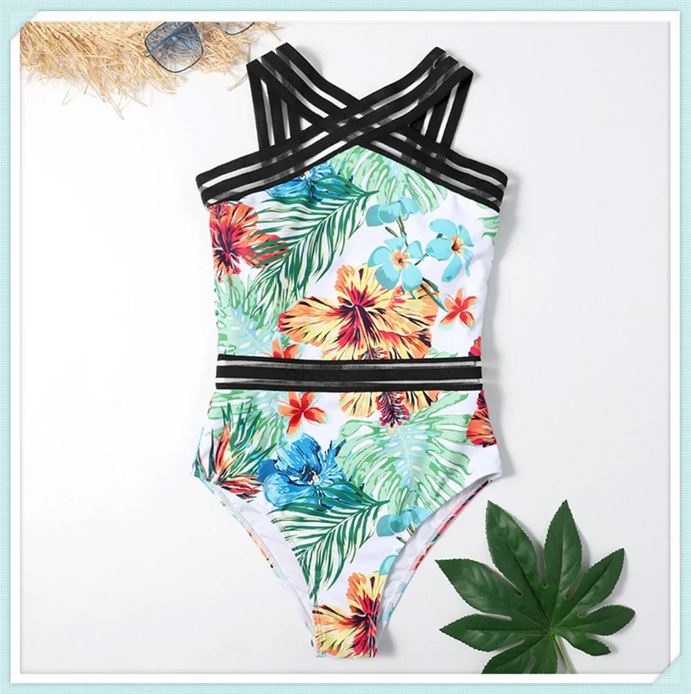 Solid Mesh Tape Swimsuit 2026 One Piece Sexy High Neck Swimwear Women Cross Front Bathing Suit Female Padded Beachwear Bodysuit
