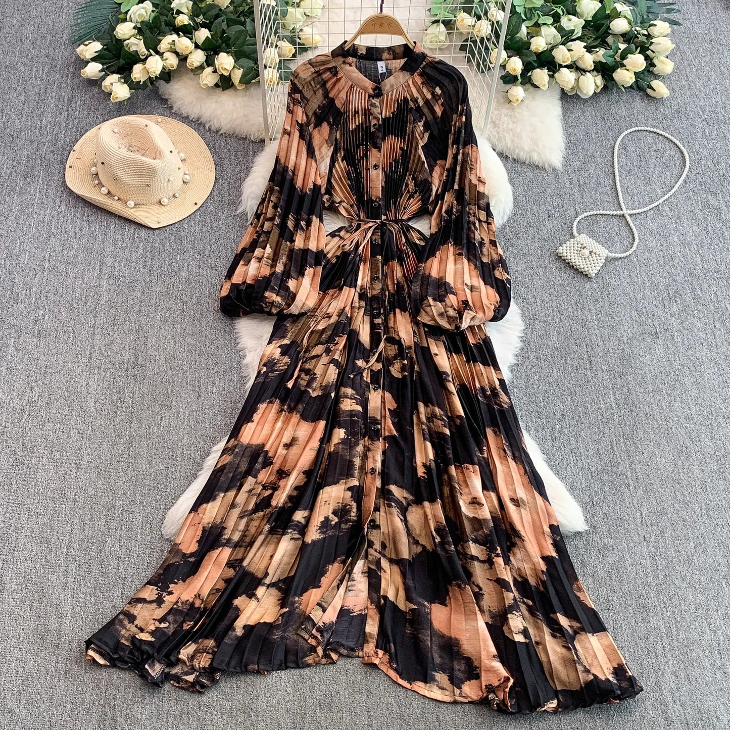 Ele Printed round Ne Lantern Sve Dr Women's Single Button Waist Cinch Maxi Skirt Long Dr Commute Sle Autumn