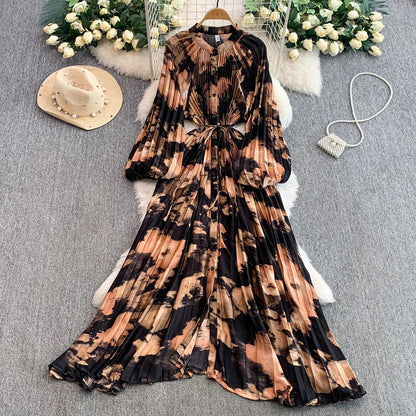 Ele Printed round Ne Lantern Sve Dr Women's Single Button Waist Cinch Maxi Skirt Long Dr Commute Sle Autumn