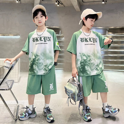New Boys Clothing Sets Summer T-Shirt Short Sleeve+Shorts Kids Boy Sportsuit Children's Outfits Suit Teenager 5 6 8 10 12 14Yrs