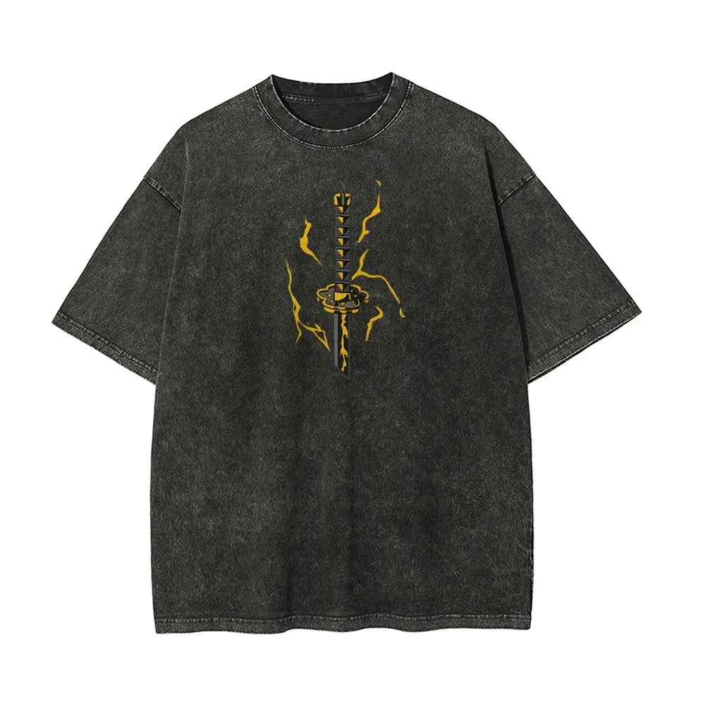 Demon Slayer Men's Women's Washed T-Shirt Zenitsu Agatsuma Summer Spring Anime Tee Retro Distressed High Quality Short Sleeve