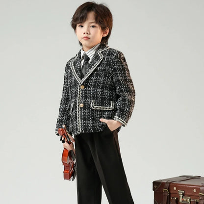 Exquisite Boys Plaid Suits For Catwalk Show Host Costumes,Children's Notched Lapel Winter Warm Suit Set,New Kids Party Tuxedo