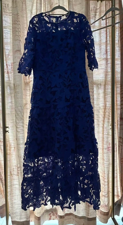 Sexy Lace Hollow High Low Long Formal Plus Size Dress With Short Sleeves Royal Blue