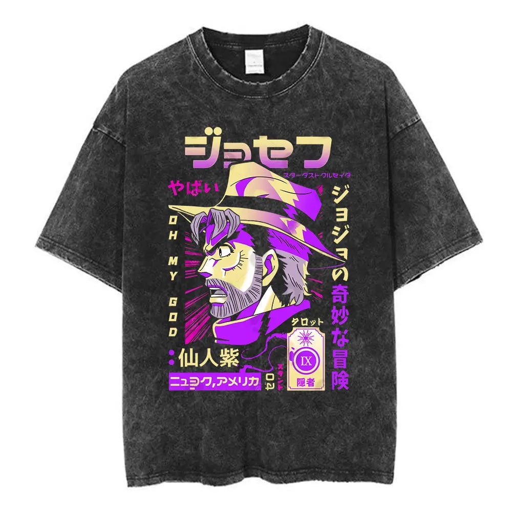 Vintage Washed Anime Jojo Bizarre Adventure T-shirt Giorno Giovanna Manga Graphic T-shirts Men's Clothing Cotton Casual T shirts