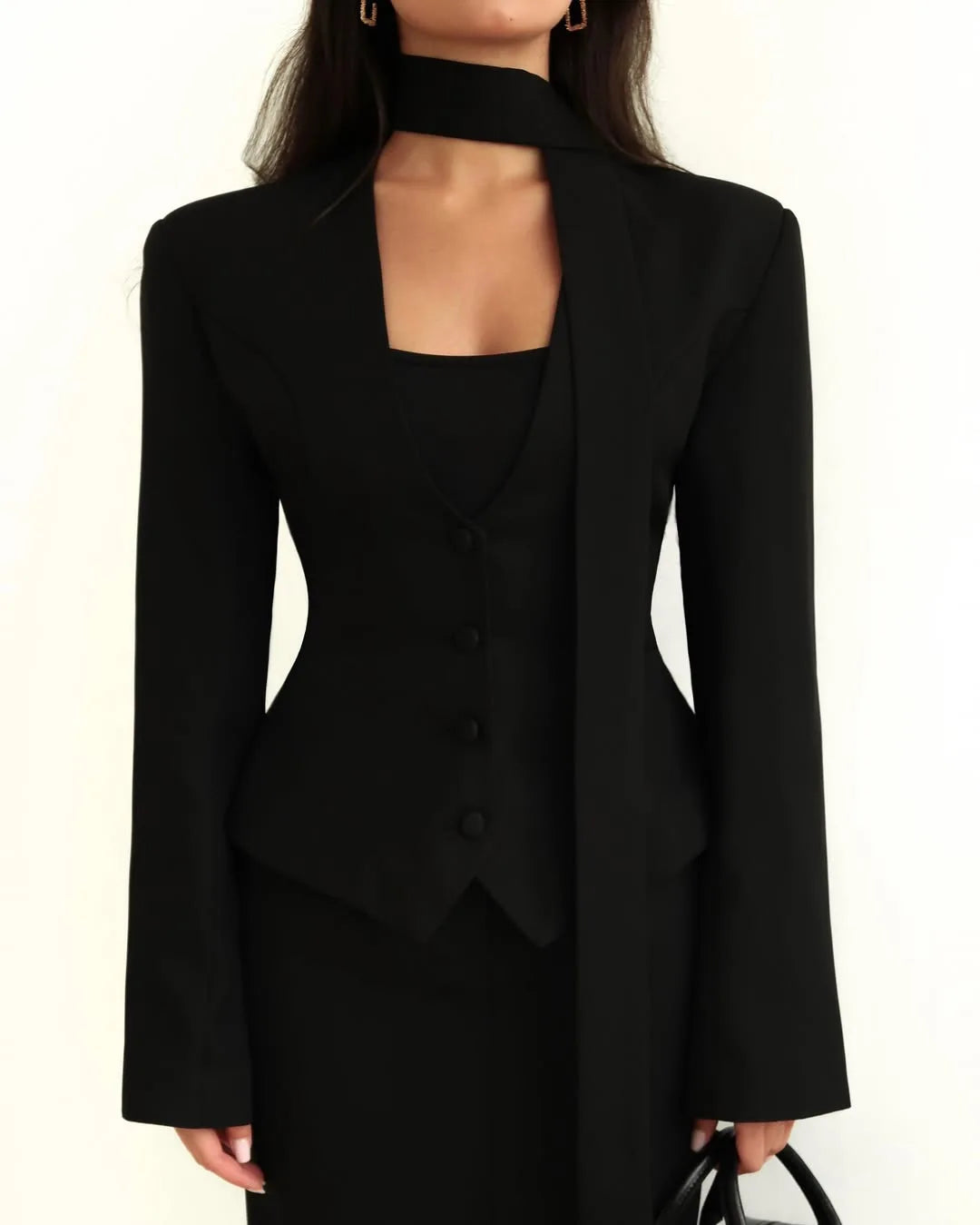 Single Breasted Coat Women's V Neck Scarf With Long Sleeve Waist-Cinching Blazer Jacket Lady Casual Slim Commute Coat