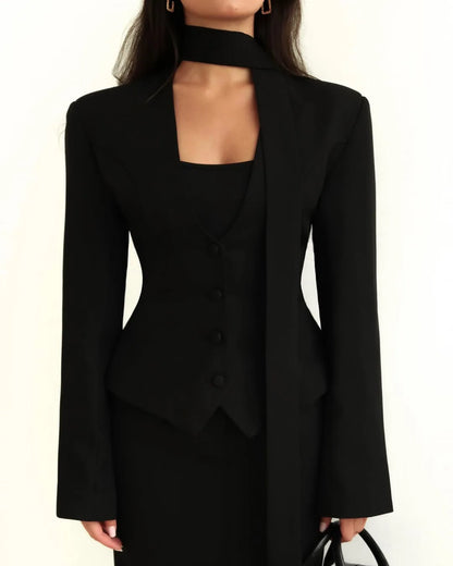 Single Breasted Coat Women's V Neck Scarf With Long Sleeve Waist-Cinching Blazer Jacket Lady Casual Slim Commute Coat