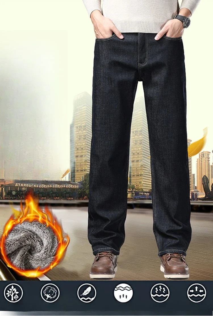 Men's Fleece Lined Thicken Jeans Winter Warm Stretch Slim Fit Denim Pants Comfortable Soft Trousers for Daily Work Wear Clothing