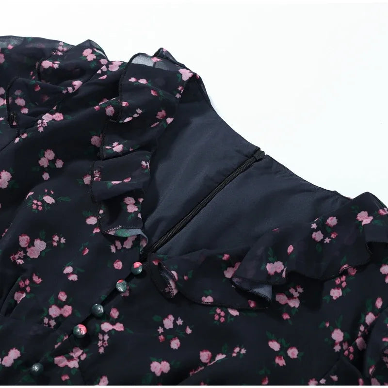 Floral Print Women's Summer Ruffle Dress Sexy V-neck Short Puff Short Sleeve Beach Slim Female Dress 2026 Holidays Lady Robe