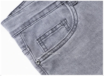 2024 Brand Thin or Thick Material Men's Elastic Cotton Jeans Fashion Gray Comfortable Denim Business Casual High Waist Pants