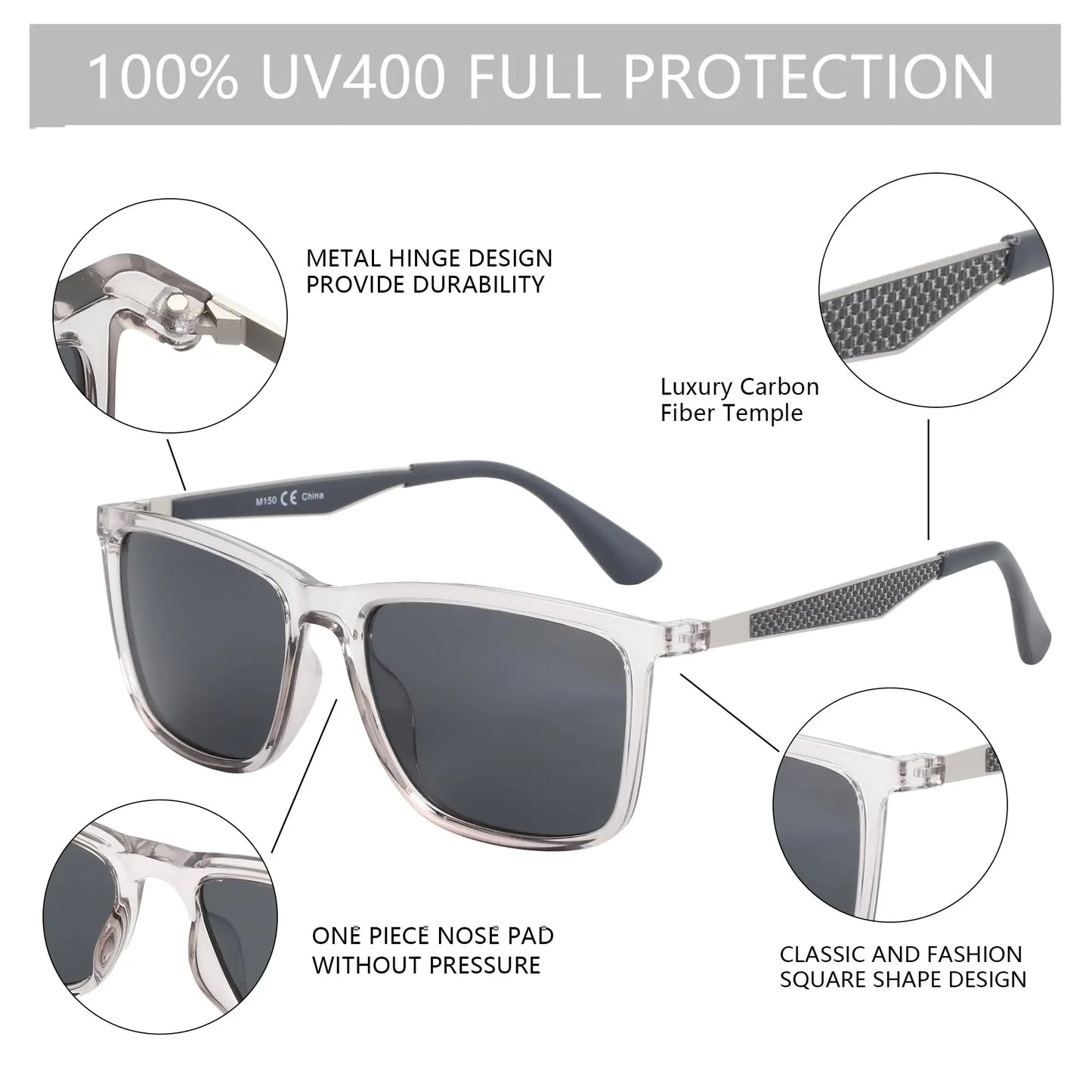 UV400 Protection Sunglasses for Men Rectangle Ultralight Carbon Fiber Frame Classic Polarized Sun Glasses