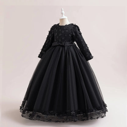 Long Sleeve Flower Bridesmaid Girls Dress Children Christmas Costume Lace Bow Princess Kids Dressees For Girl Party Wedding Gown