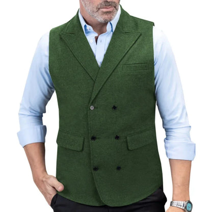 Men Vest Black Herringbone Double Button With Lapel Waistcoat For Wedding Birthday Banquet Office Business Work Men Suit Vest