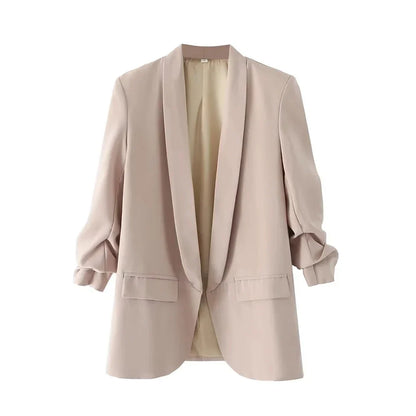 Women Fashion Office Wear Open Blazer Coat Vintage Long Pleated Sleeves Flap Pockets Female Outerwear Chic Tops