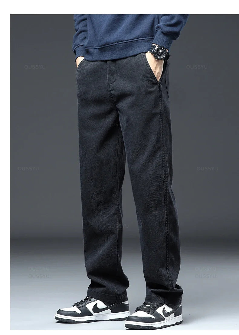 2025 New High Quality Soft Lyocell Fabric Jeans Men Elastic Waist Loose Straight Four Seasons Denim Trousers Male Plus Size 5XL