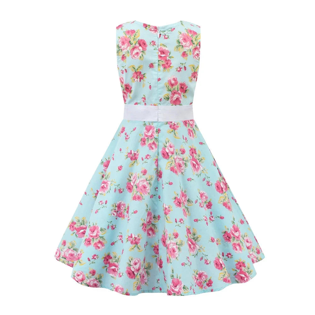 LPATTERN Girls' Vintage Rockabilly Dress Party Retro Polka Dot Floral Pattern A-line Dresses Pleated Skirt Knee-Length for 4-10Y