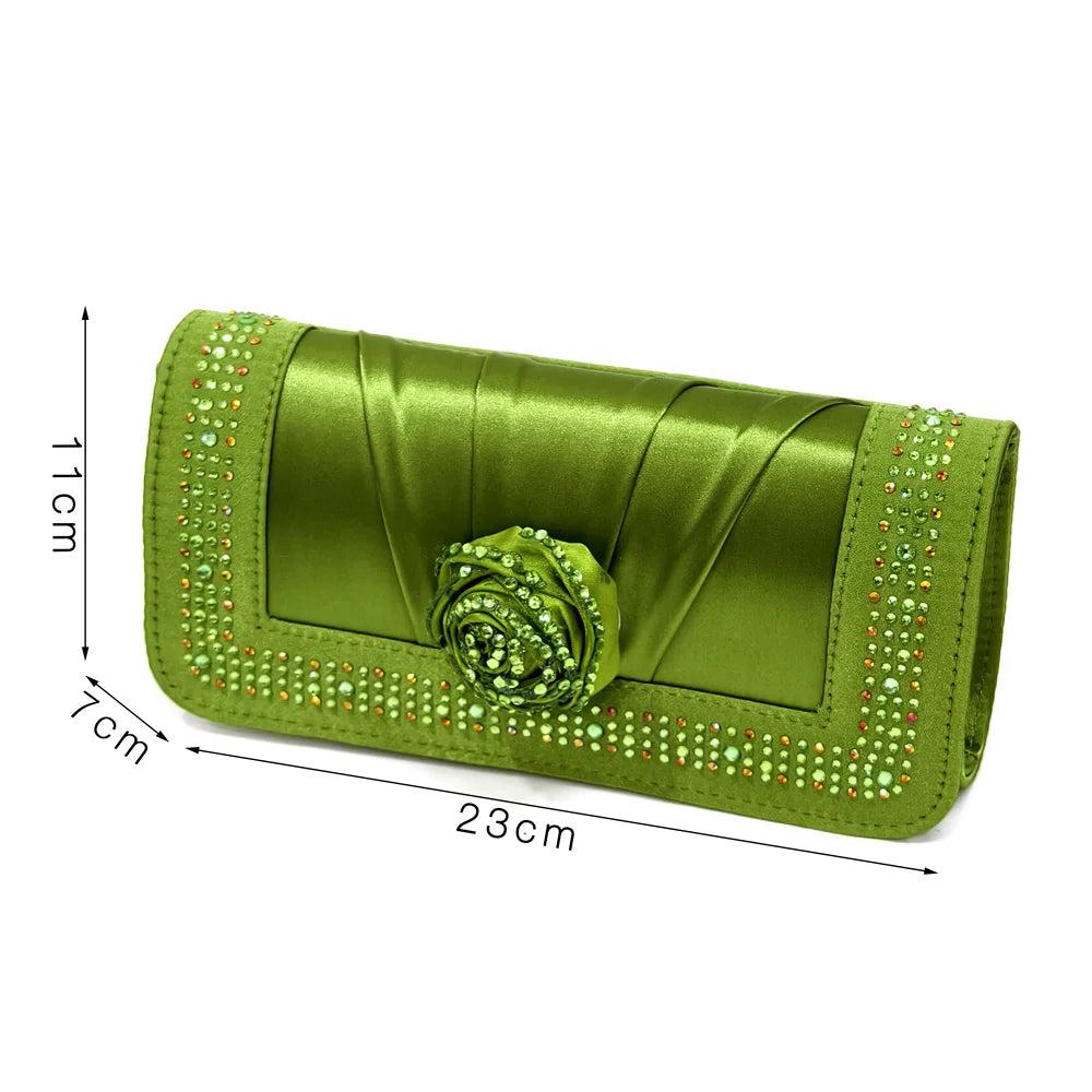 Sparkling Rhinestone Rose Pumps With Medium Heel for Nigerian Women's Party, Pointed Toe Shoes and Matching Bags