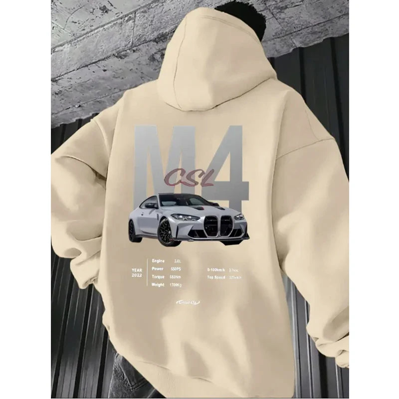 Popular digital pattern men's hooded sweatshirt with car-themed design, American-style casual sports long-sleeved shirt