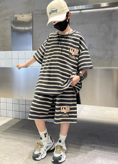 Stripe Sport Two-Piece Set Children Sets Shorts for Boy Children's Clothing From 3 To 4 Boys Outfit Cartoon Fashion Clothes Kids