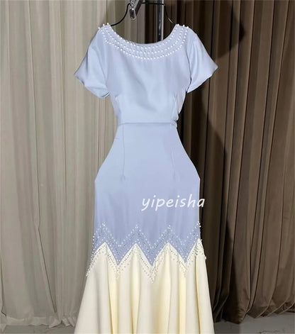 Customized Sparkle Intricate Jersey Sequined Pearl Pleat Ruched Mermaid Scoop Neck Midi Dresses Bespoke Occasion Dresses Retro