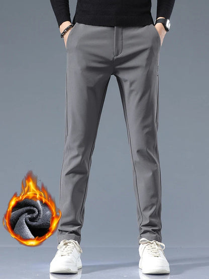 Winter Fleece Golf Casual Pants Men Business Slim Stretch Jogger Thick Trousers Korean Classic Elastic Waist Velvet Male Pants